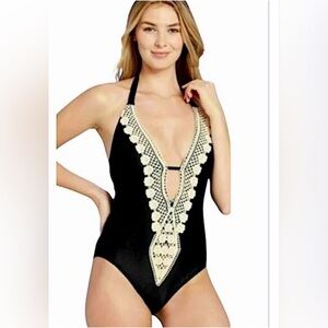 Kona Sol Black and Cream One Piece Swimsuit Medium